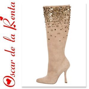 Oscar De La Renta *Love Ric* Embellished Beige Suede BOOTS AUTHENTIC